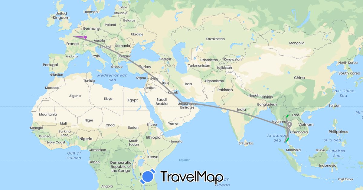 TravelMap itinerary: driving, bus, plane, train, boat in France, Qatar, Thailand (Asia, Europe)